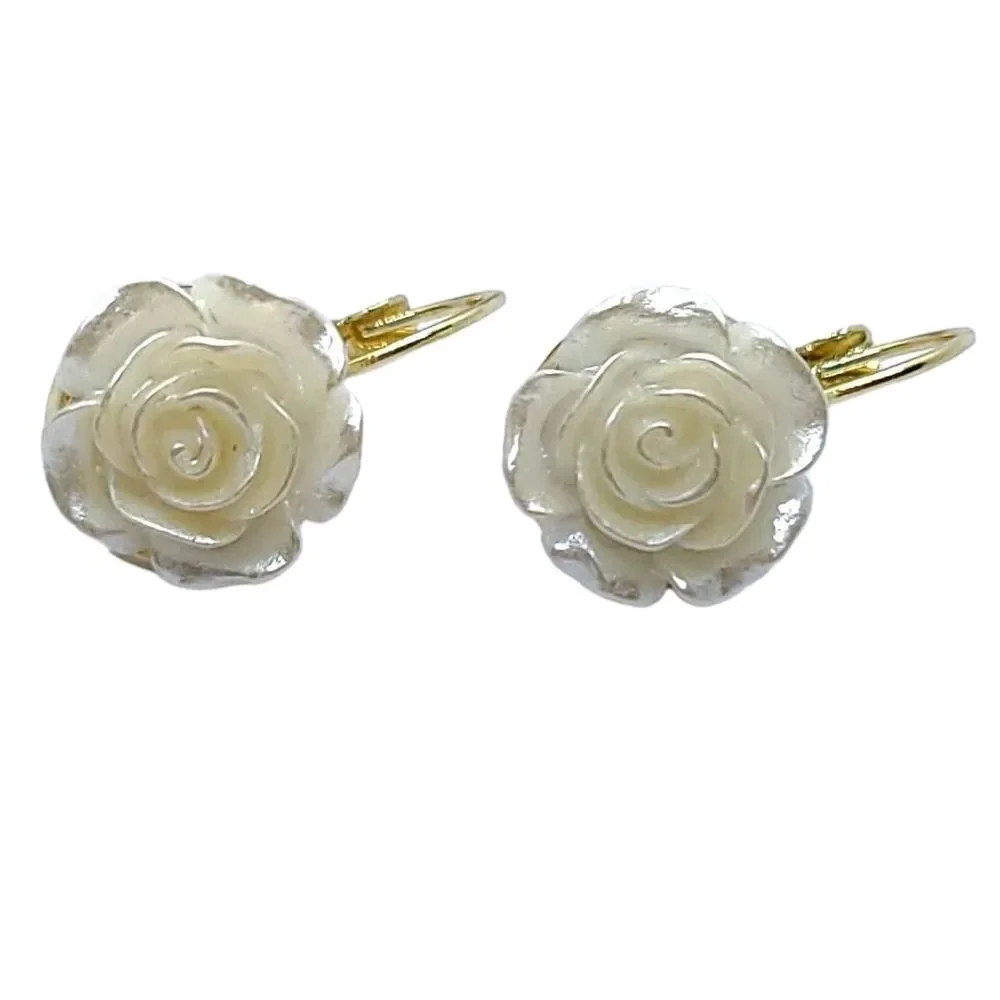 Ivory Camellia Rose Flower Earrings Gold Leverback Bridal Wedding Romantic Glam